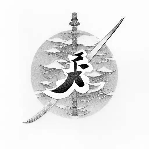 Japanese Kanji Characters Representing 'Strength' And 'Cleanliness' Intertwined With Samurai Swords