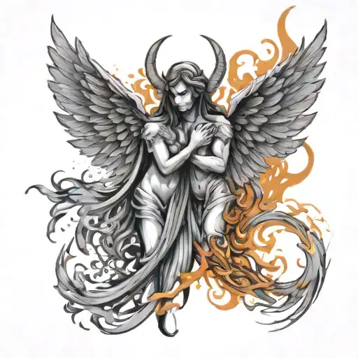 Gemini Symbol Angel And Demon Wings With Fire And Ice Around It