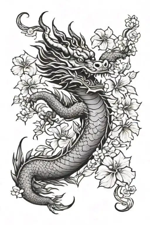A Korean Dragon Surrounded By Hibiscus Flowers