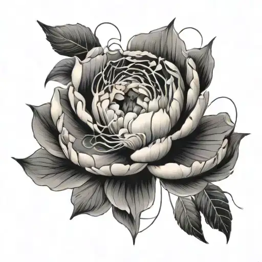 A Black And Grey Tattoo Of A Peony And Spiderwebs
