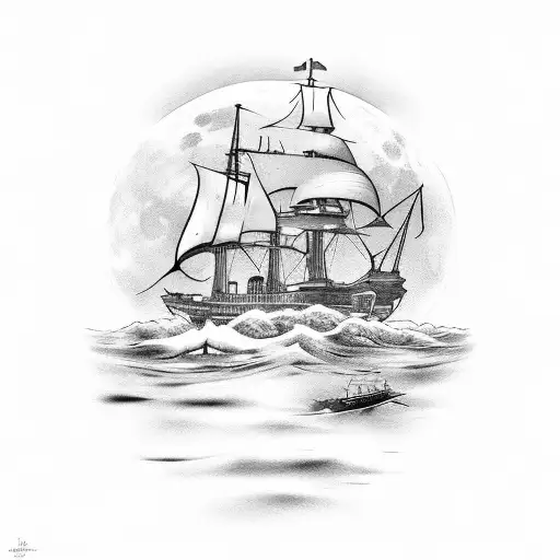 Under A Moon Night Sea And Ship