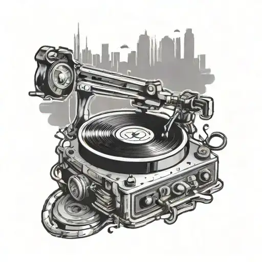 Design A Tattoo Of A Record Player Morphing Into A Guitar Neck In A Grayscale Style