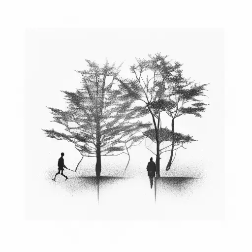 A Silhouette Of A Father And Son Walking Through A Serene Forest