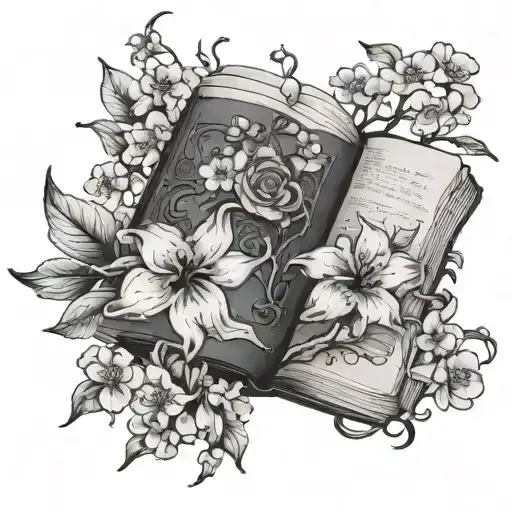 Open Book Surrounded By Narciss Flower And Cherry Blossom