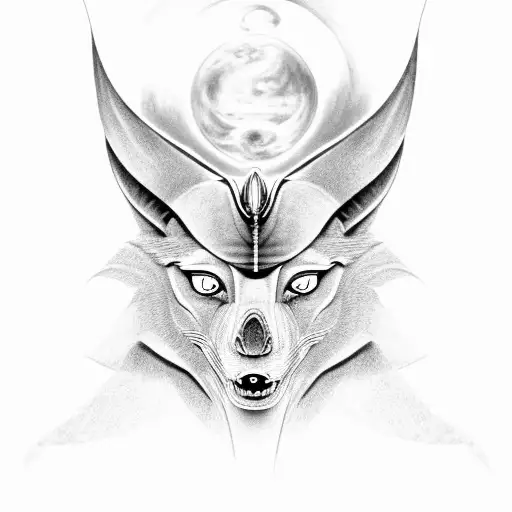 A Black And Grey Portrait Of Anubis And Horus Merging Into One Entity