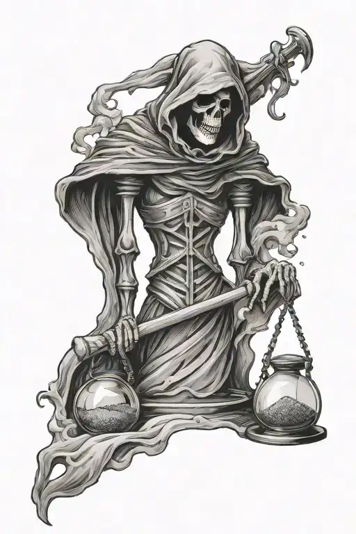 Hourglass With Sand Pouring Into A Grim Reaper At The Bottom