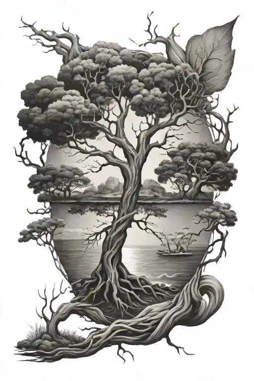Trees With Roots Forming With Ocean And Nature Scene