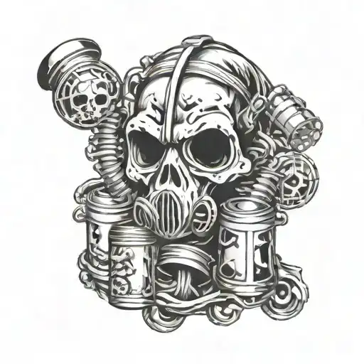 Skull Wearing Gas Mask Holding A Jar Of Skulls