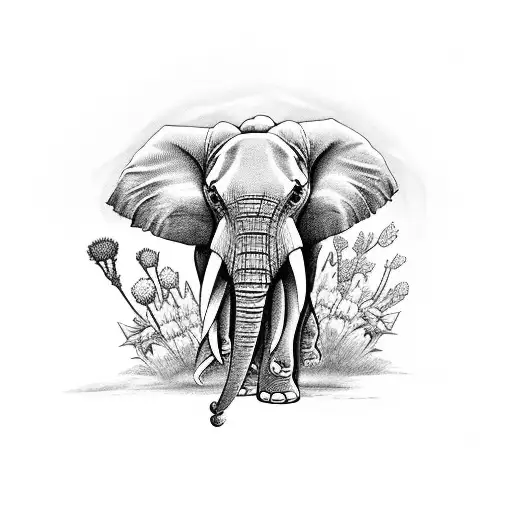 Anxious And Loving Elephant With Many Wild Flowers