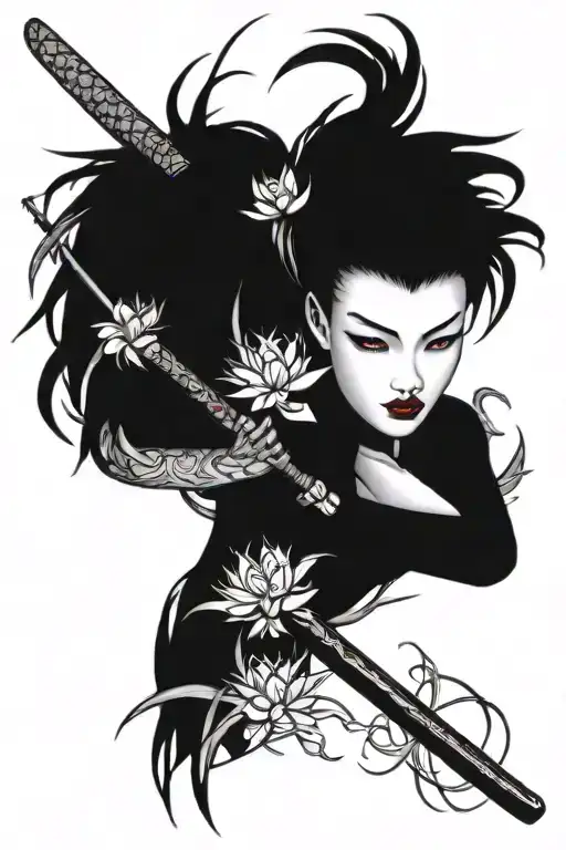 Katana Sticking In Ground With Vines And Red Spider Lilies