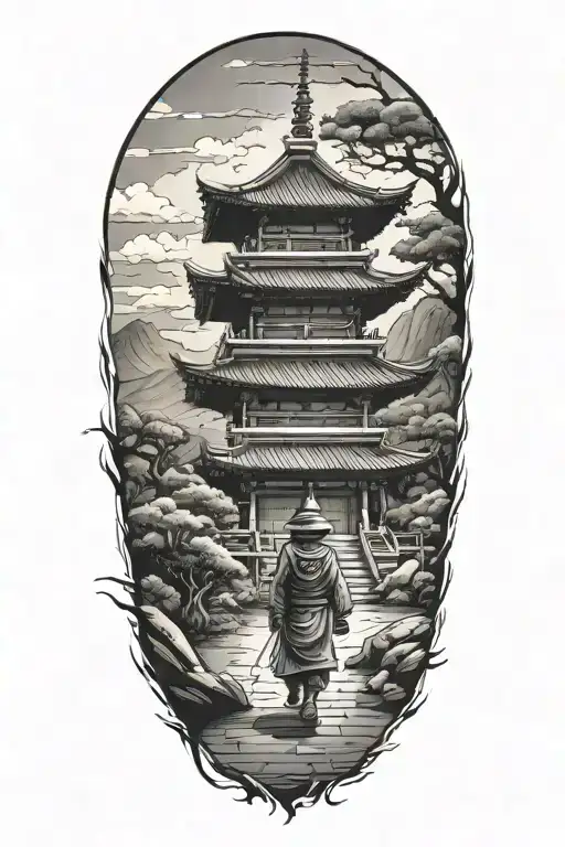 Samurai Temple Pagoda Little Gir Walking Towards