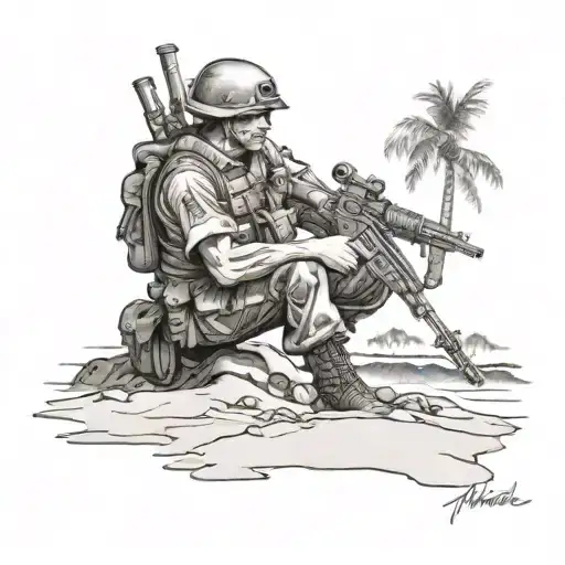 Tribute To The Infantry With A Black And Grey Tattoo Of A Soldier On The Beaches Of Maui