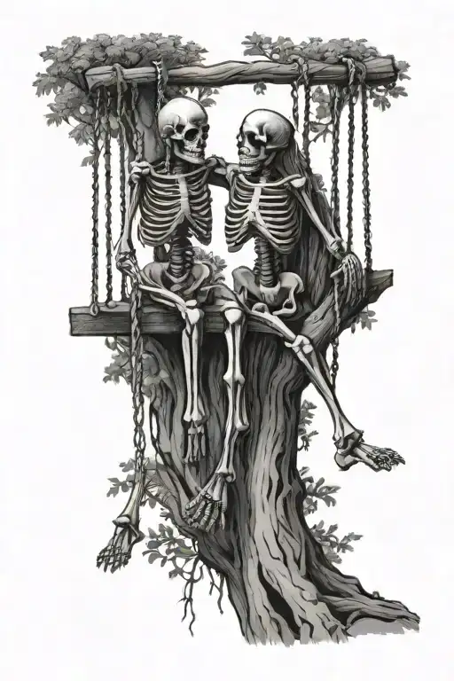 Skeletons Holding Hands On Swing Set Of Tree