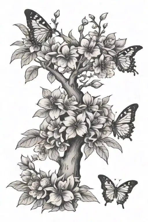 A Peach Tree With Violet Flowers And Butterflies