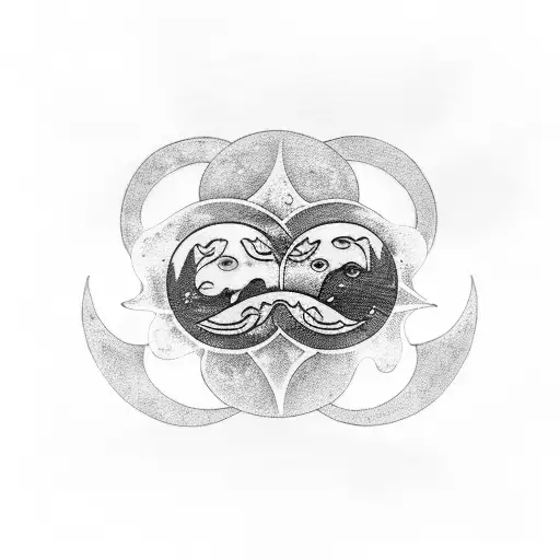 A Black-grey Tattoo Of A Somber And Elegant Sun And Moon Embracing Each Other