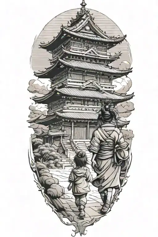 Samurai Temple Pagoda Little Girl Walking Towards