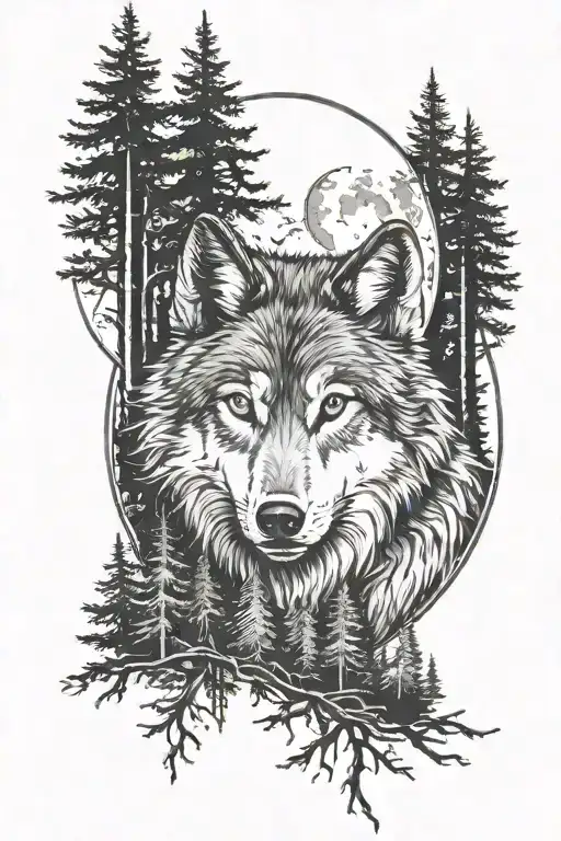 Wolf In The Forrest With Moon Behind It