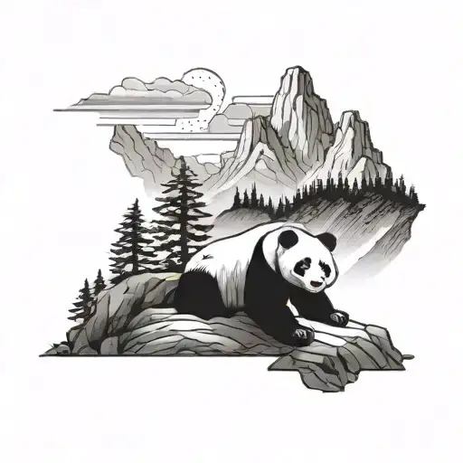 A Manager Silhouette Overlooking A Mountain Landscape With A Panda Resting At The Top