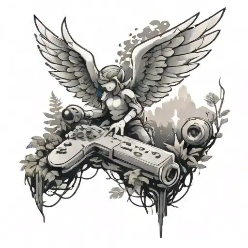 A Black-grey Tattoo Of A Pixelated Angel Playing A Video Game In A Lush Forest Setting