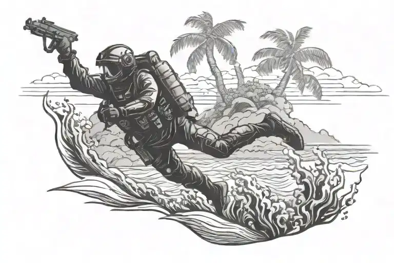 Maui Hawaii Landscape With A Silhouette Of A Marine Corps Soldier Diving Deep Into The Sea