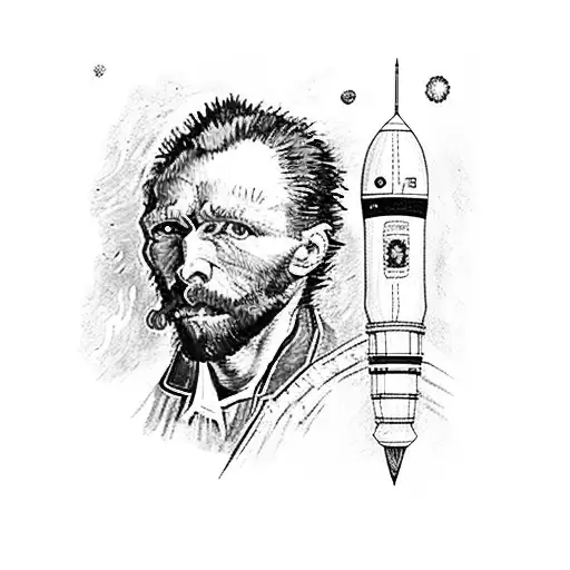 A Detailed Portrait Of Van Gogh Holding A Rocket With A Galaxy Background