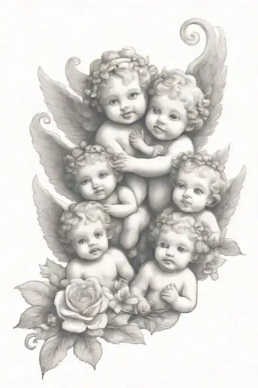 Cute Cherubs Holding Flowers As A Family Tree