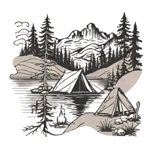 Camping Scene With Lake Reflecting