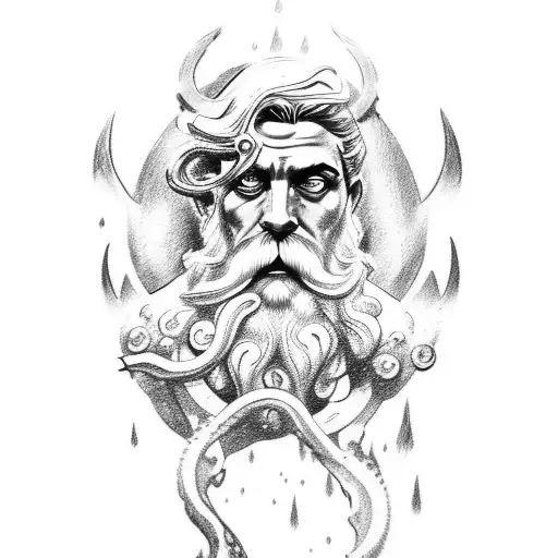 A Sketch-style Tattoo Of Poseidon Rising From The Depths Of The Ocean
