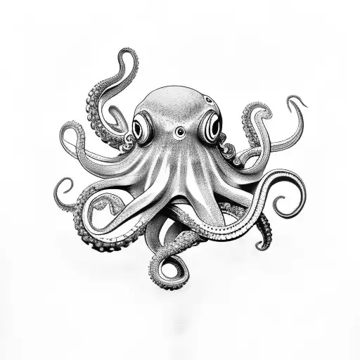 Black And Grey Octopus With Whip And Stipple Shading