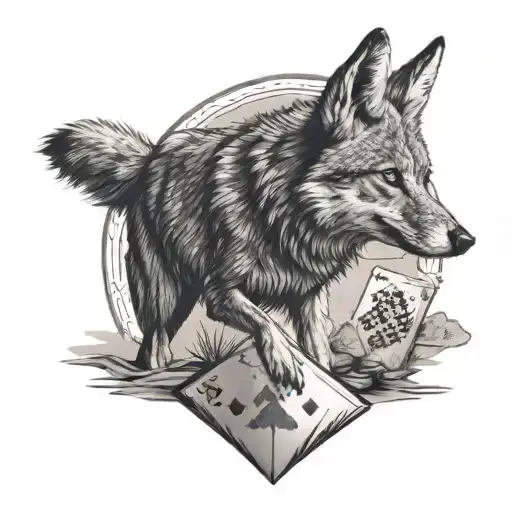 A Realistic Black And Grey Tattoo Of A Coyote Playing Poker With A Desert Backdrop