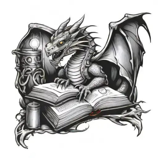 Dragon And Books Surrounded By Magic And Stars Shining