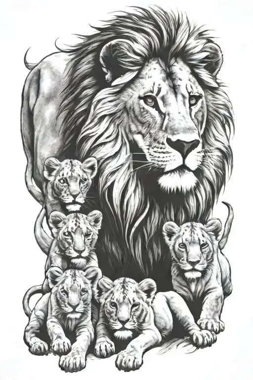 Lion And 3 Lion Cubs