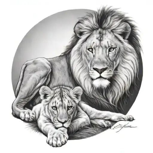 Lion And Cub Staring With Lioness