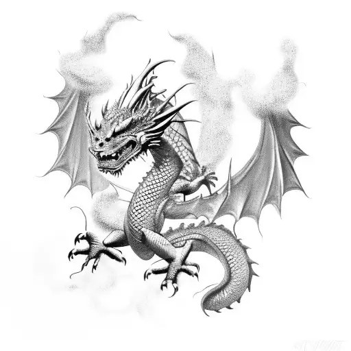 Dragon In A Black-grey Style Surrounded By Swirling Smoke