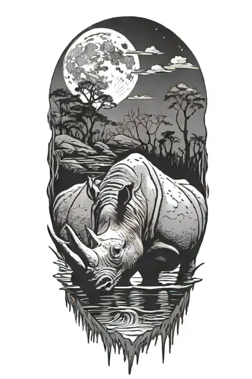 Rhinocerous With Moon Back Ground Reflecting Into A Pool Of Water