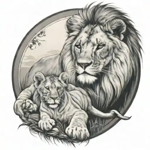 Lion And Cub Staring With Lioness