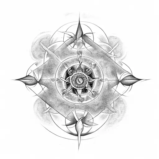 A Black-grey Tattoo Of An Alchemical Transmutation Circle Intertwined With Marine Life