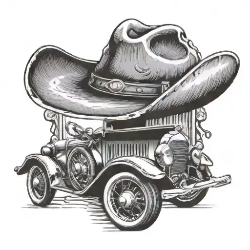 A Vintage Car With A Cowboy Hat Hanging On The Rearview Mirror