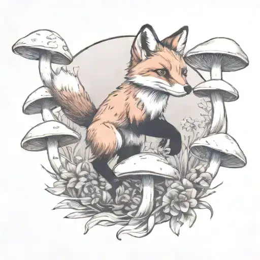 Fox Leap Into Field Of Mushrooms Tied With A Ribbon