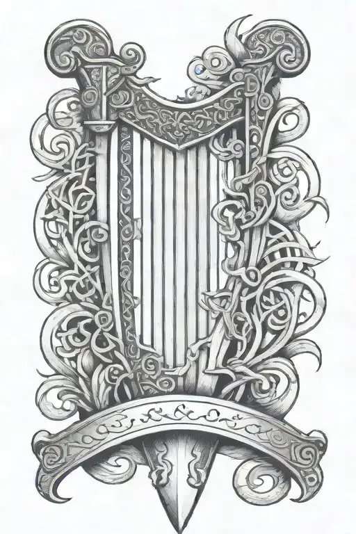 Sword In Celtic Scabbard With Harp In Background Symbolizing Son And Daughter