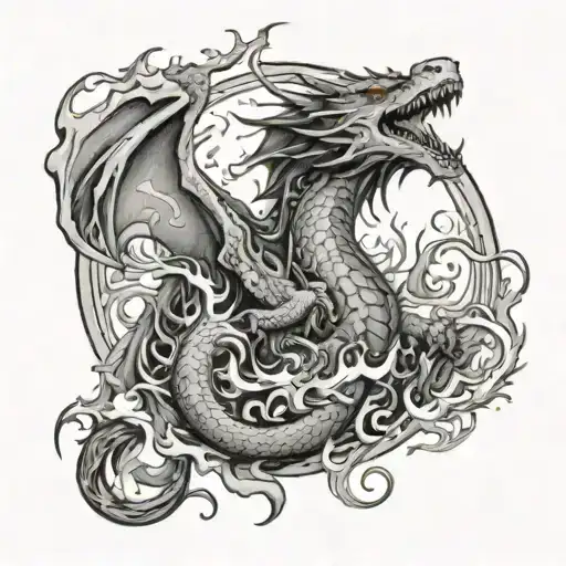 A Fierce Dragon Surrounded By Flames And Little People Worshipping It