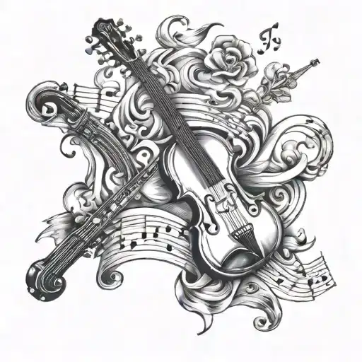 Music Notes Piano Keys Intertwined With Classic Guitar And Violin