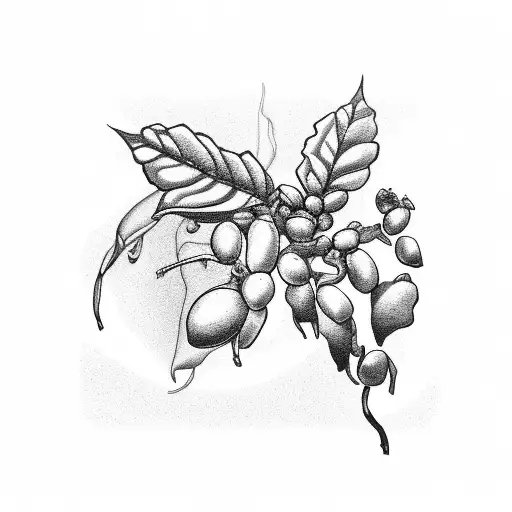 An Intricate Black And Grey Tattoo Of A Coffee Bean Plant Growing On A Mountain