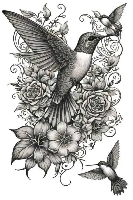Humming Bird With Flowers And Vines