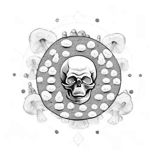 Skull With Mushrooms Sitting On Ground Around Trees With A Mandala Behind The Trees