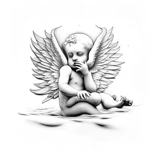 Sad Cherub Sat On Riverbank