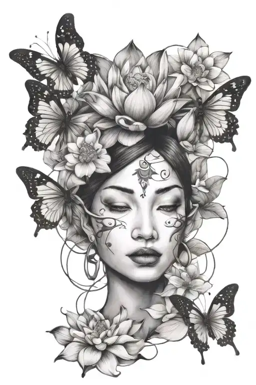 Lotus Flowers With Butterflies And Woman Face Morphing