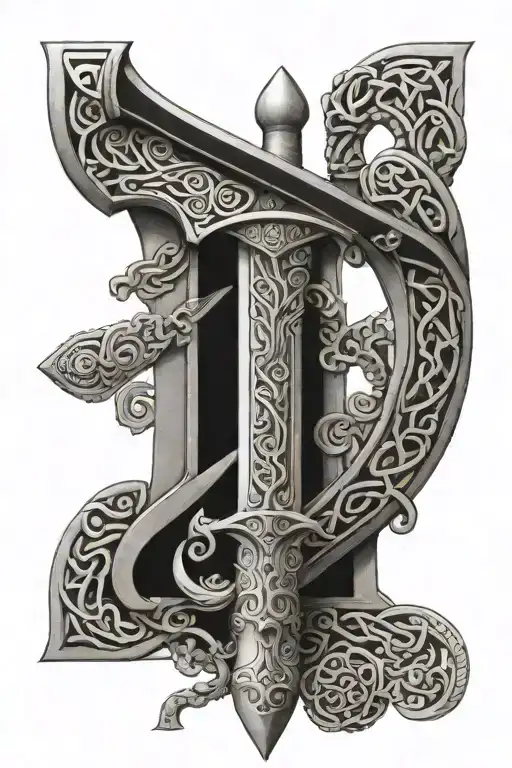 Sword In Celtic Scabbard With Harp In Background Symbolizing Son And Daughter