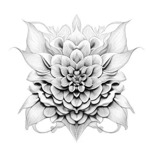 A Black And Grey Dahlia Flower With Intricate Vine Patterns
