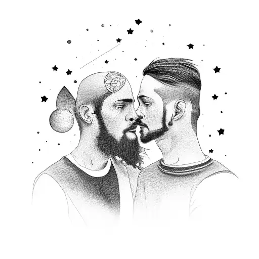 A Black And Grey Portrait Of Two Lovers Gazing At The Night Sky Filled With Stars